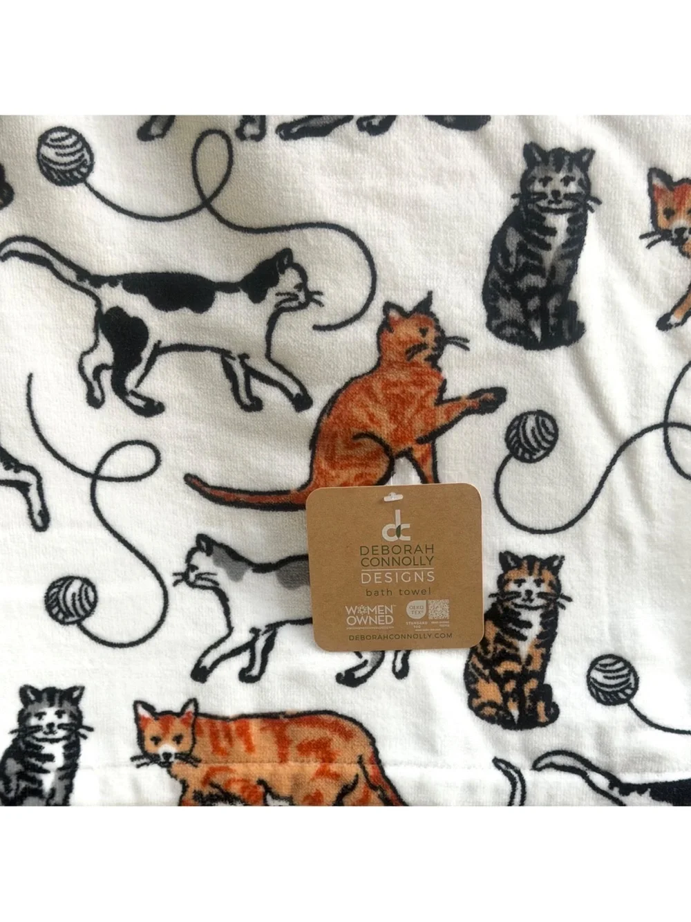 Deborah Connolly 4pc Cat Print Bath & Hand Towel Set White Orange Decor Gift NWT
